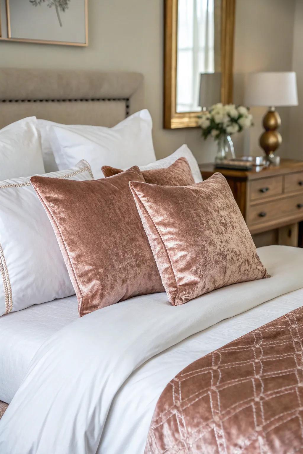 Velvet rose gold pillows add a luxurious touch to your bedding.