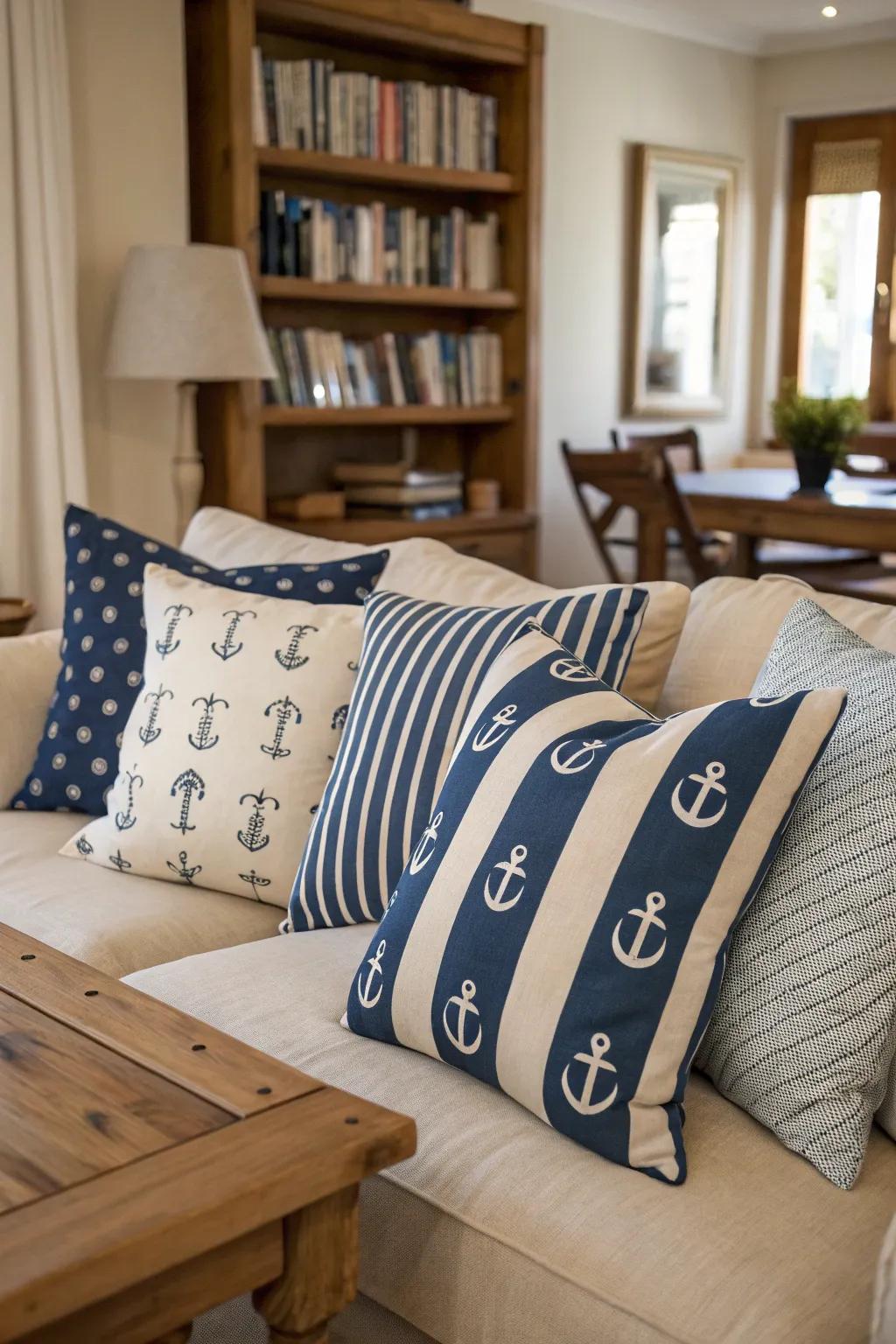 A cohesive and stylish nautical theme with themed throw pillows.