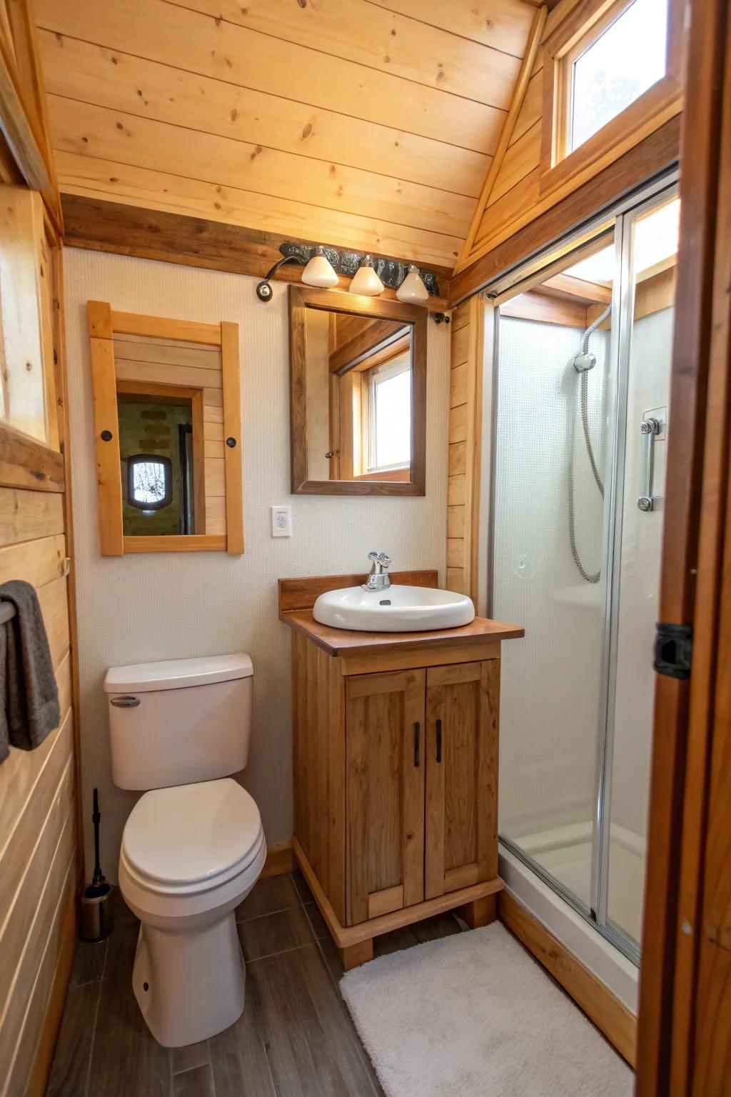 Wooden accents adding warmth and charm to the bathroom