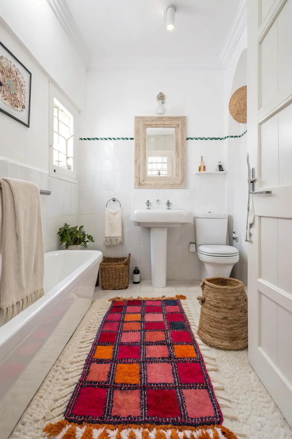 A white bathroom transformed by a bold rug that adds color and pattern.