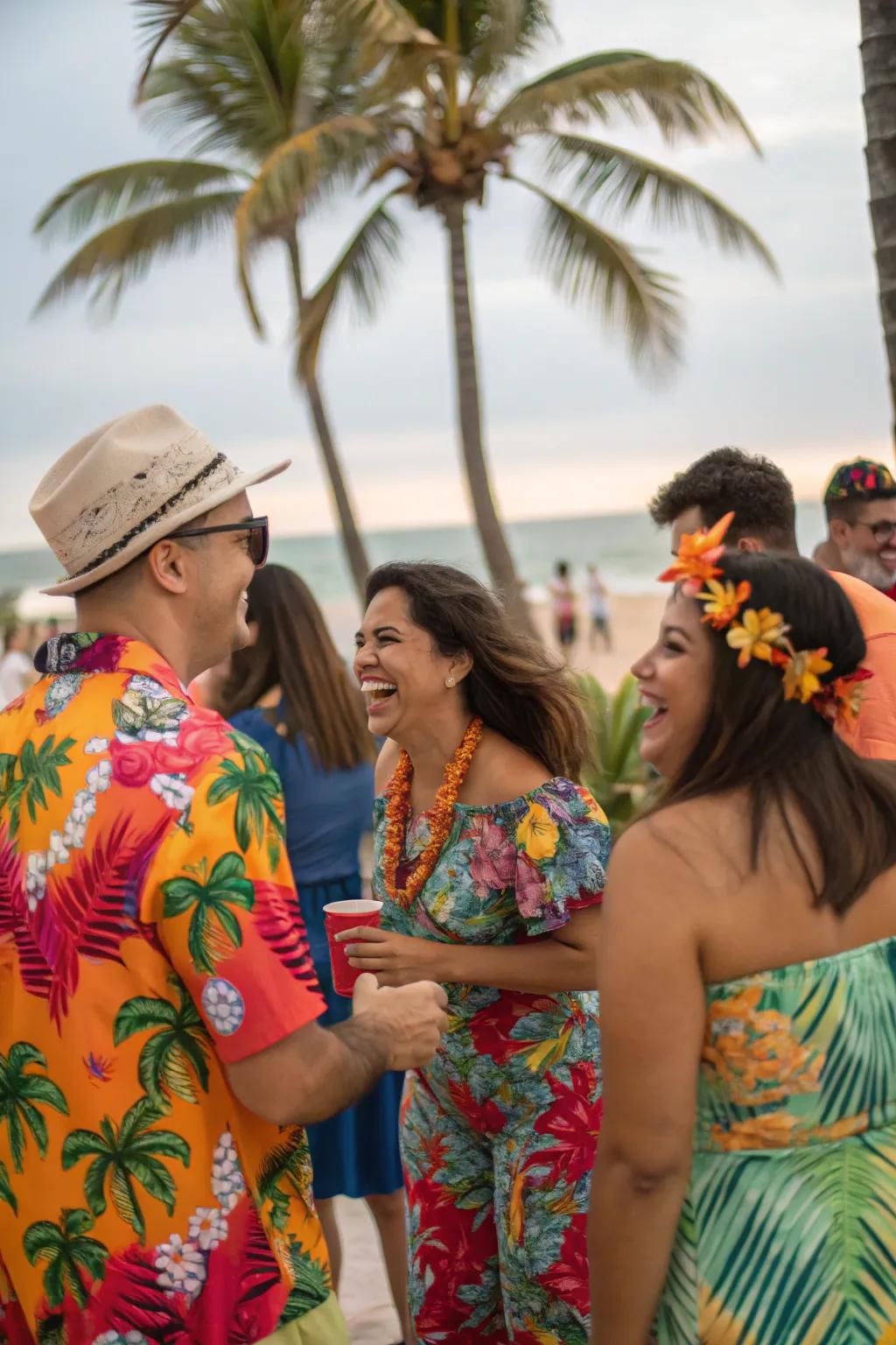 Tropical attire enhances the party vibe.