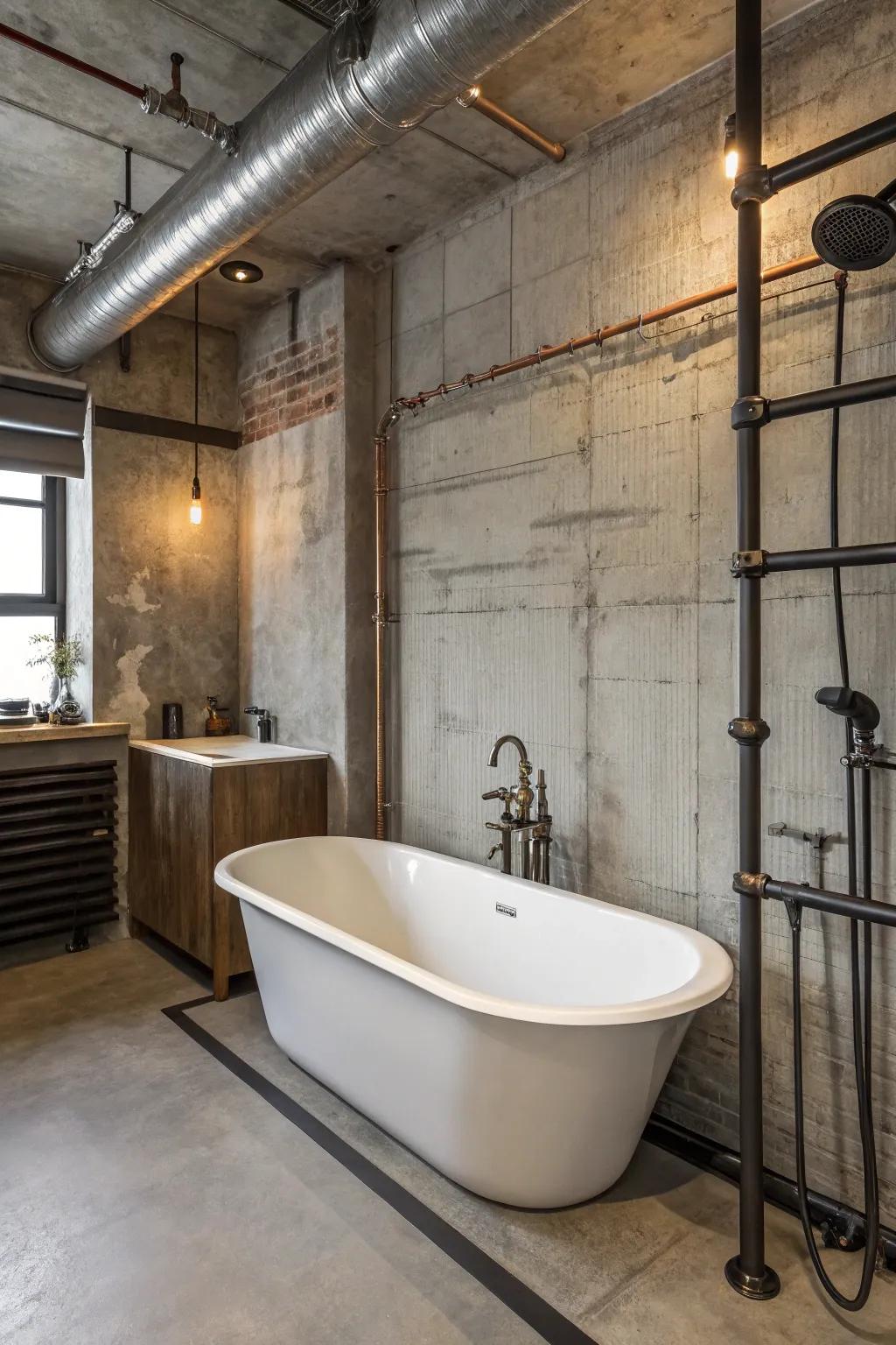 Metal accents add an industrial chic vibe to the tub area.