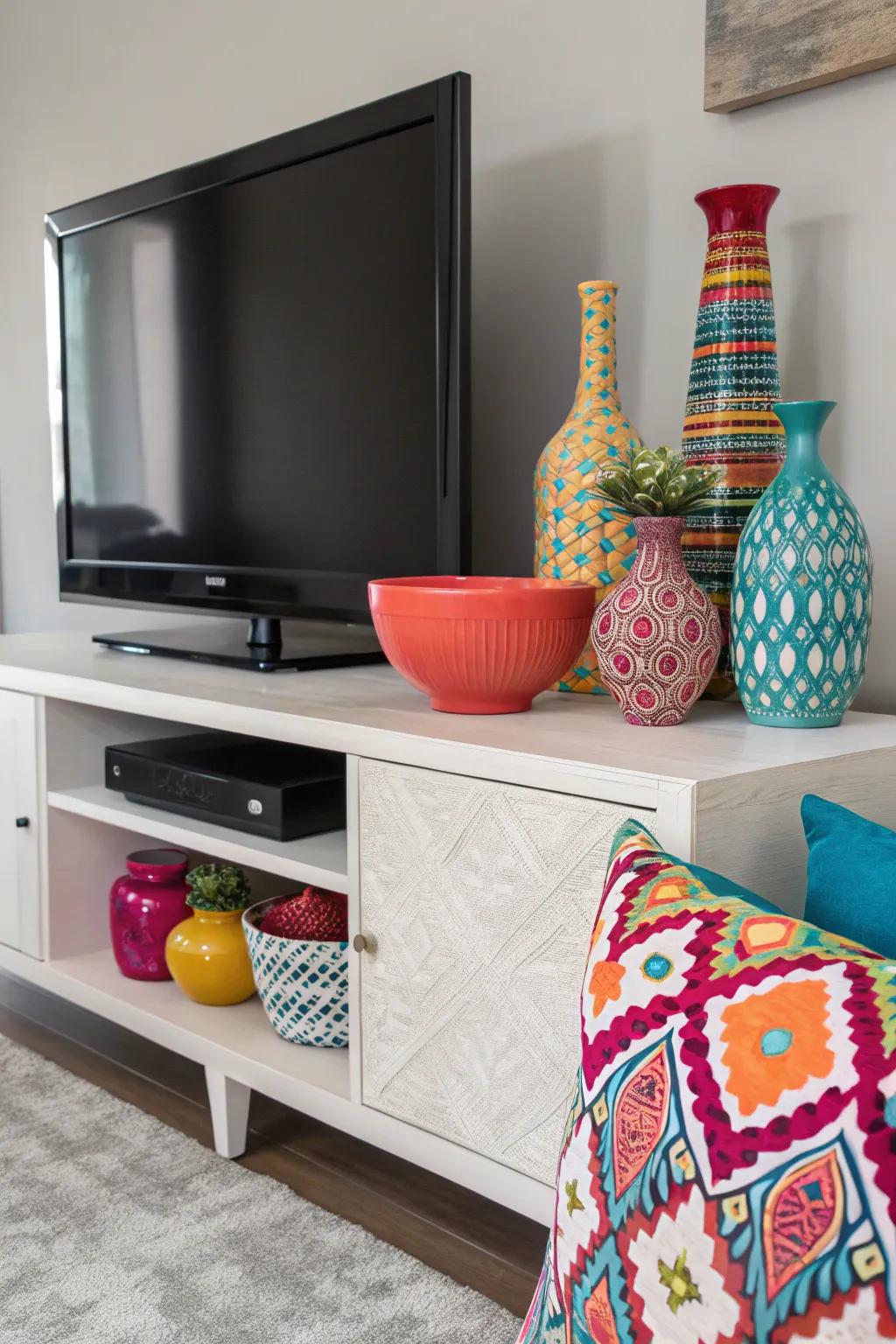 Bold decor adding a pop of color to a TV console.