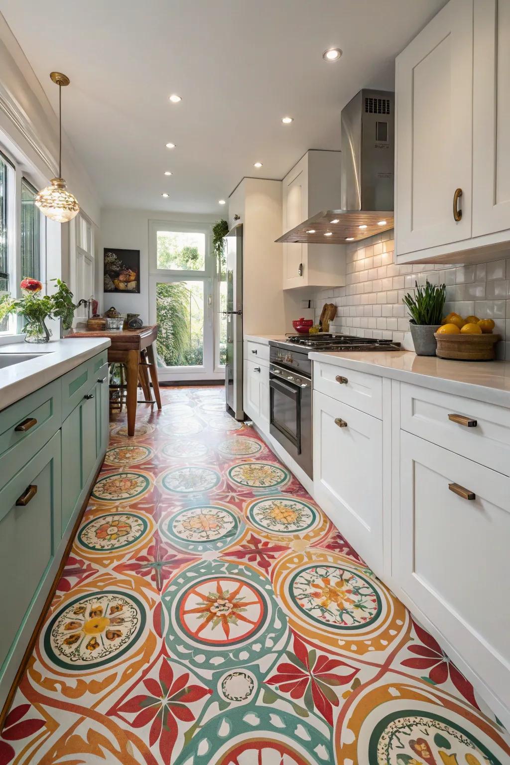 Double up on patterns for a lively kitchen floor.