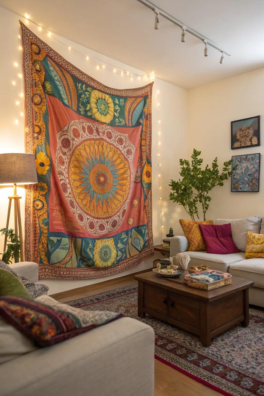 Tapestries provide texture and color, creating a stunning focal point.