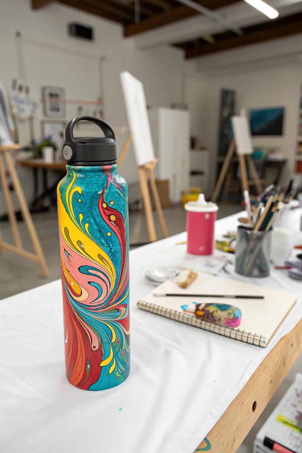 A water bottle featuring an abstract acrylic pour design.