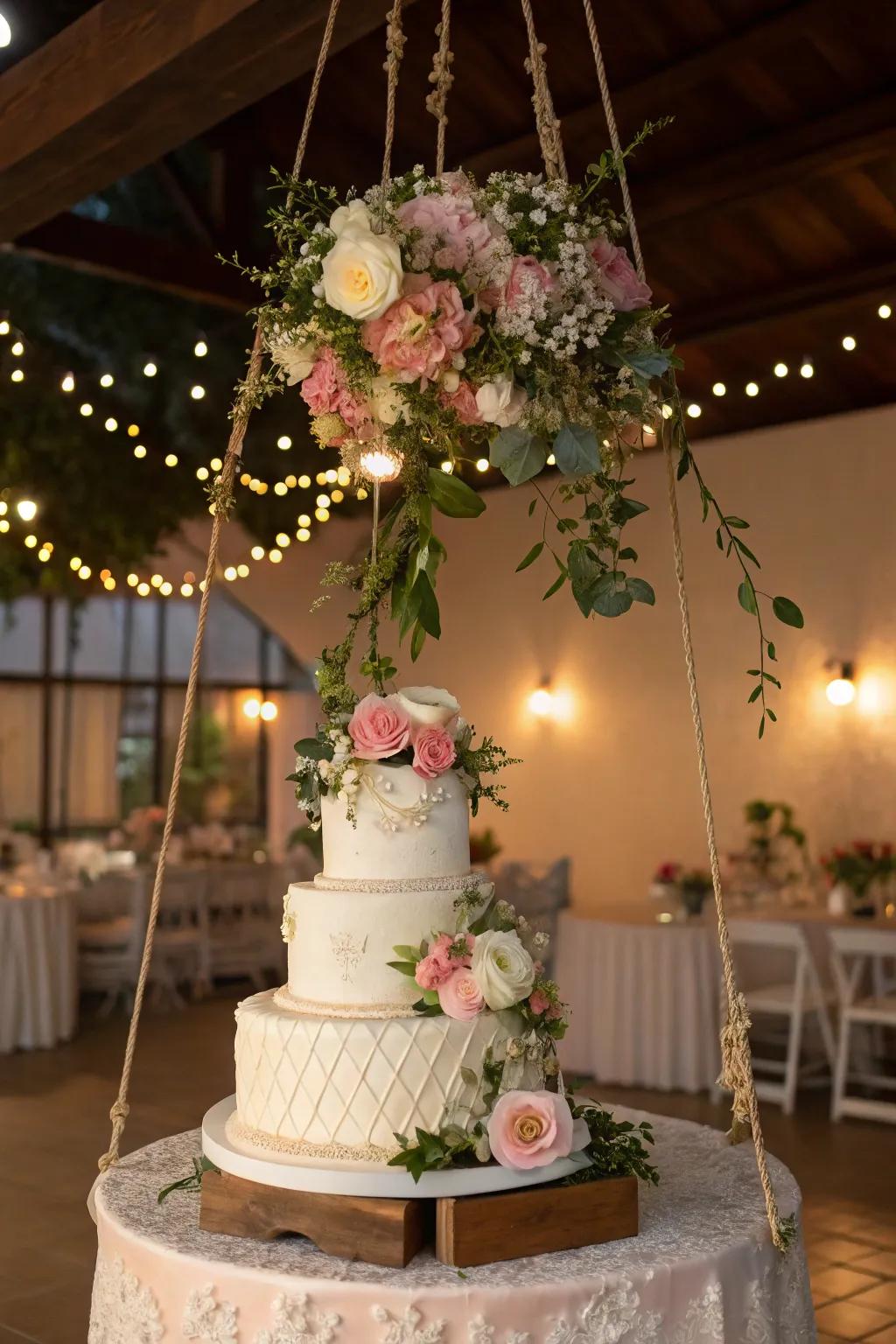 Suspended flowers adding a whimsical charm to the wedding cake display.