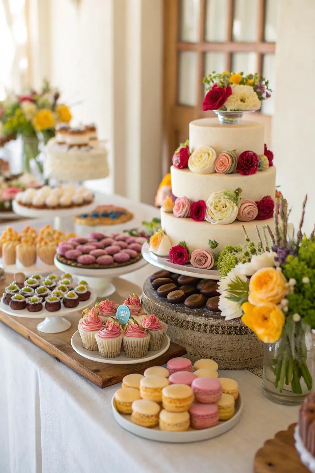 A stylish wedding sweet table offering a tempting variety of desserts.