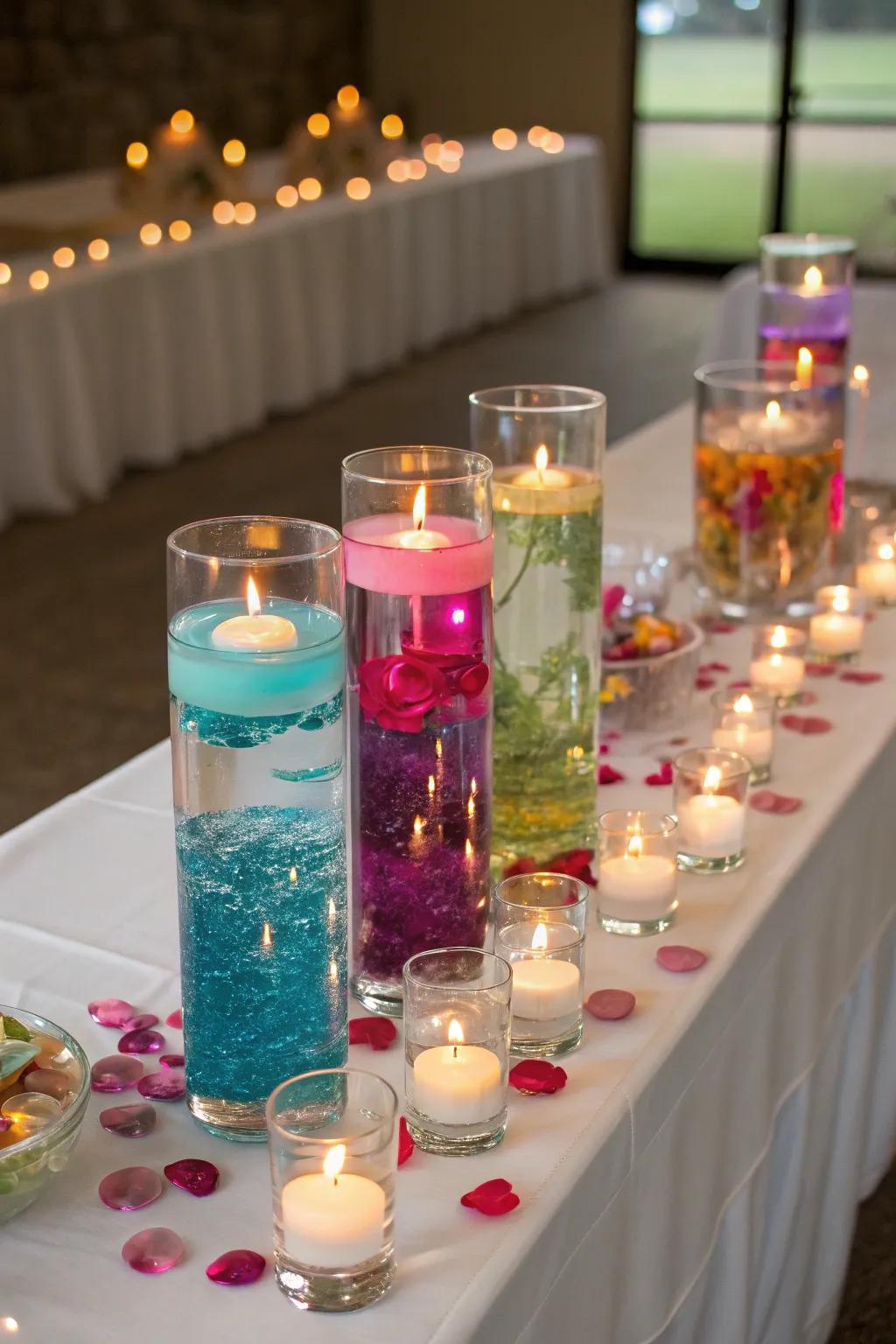 Colored water adds a playful twist to floating candle centerpieces.