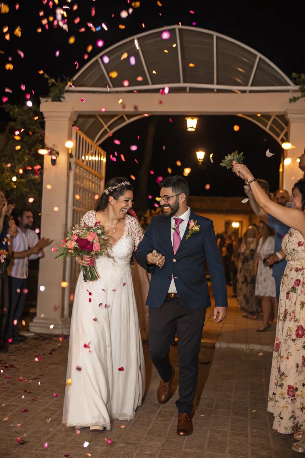 An unforgettable wedding exit showered with flower petals.