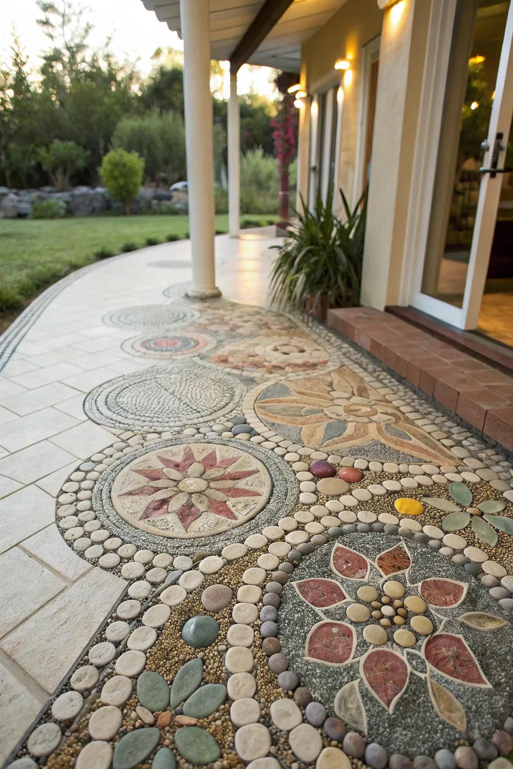 A stone mosaic injects a personal, artistic element to the patio.