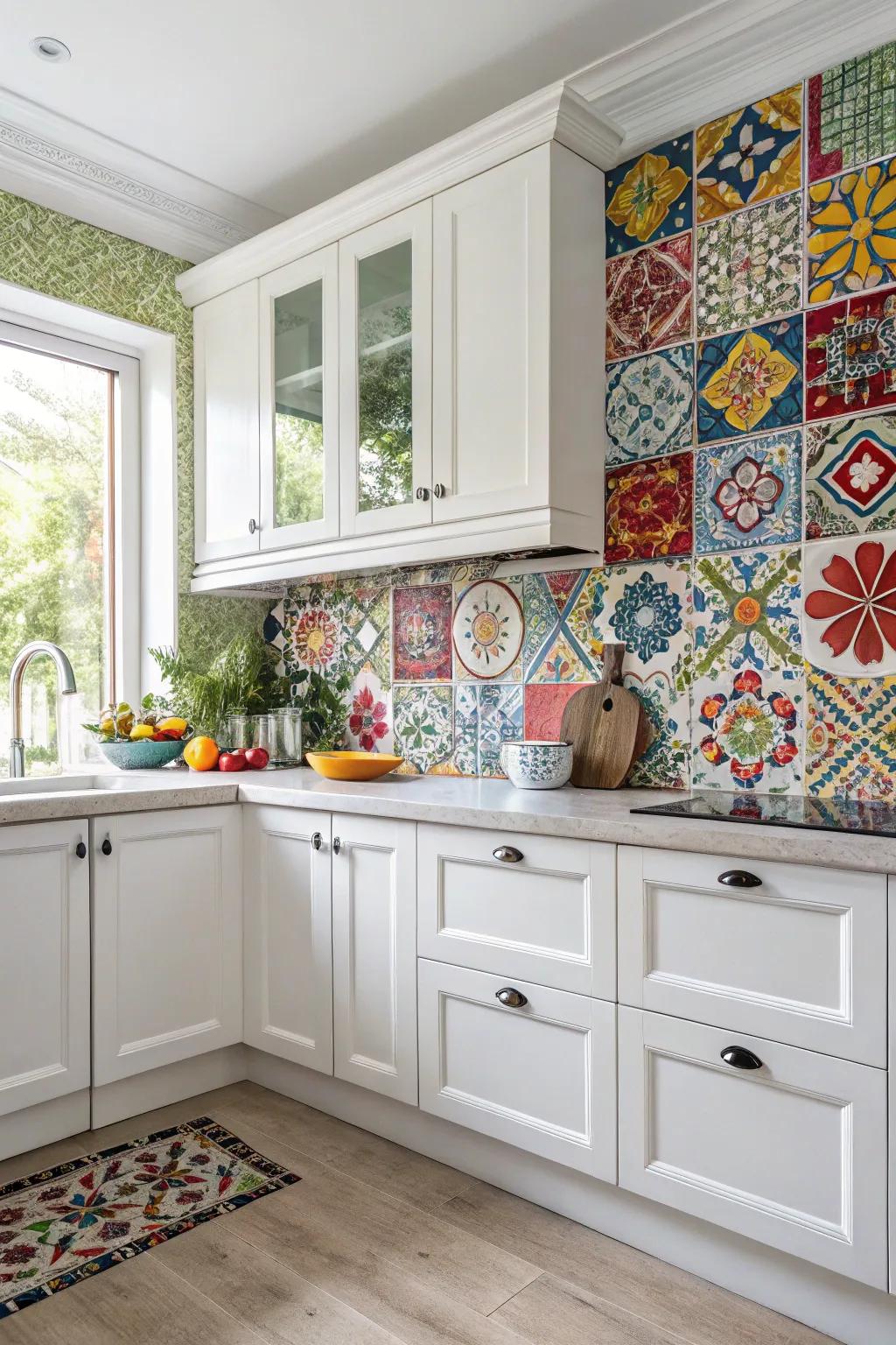 Eclectic mosaic patterns adding character to white cabinets.