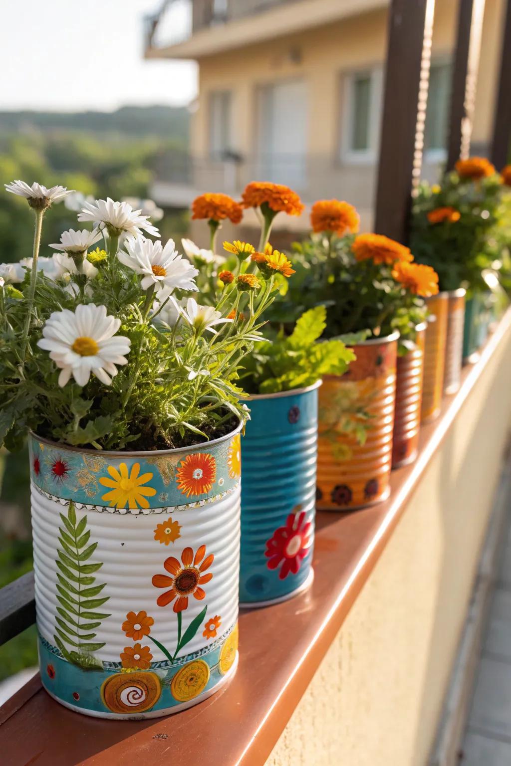 Upcycled tin cans operate as budget-conscious containers for wildflowers.