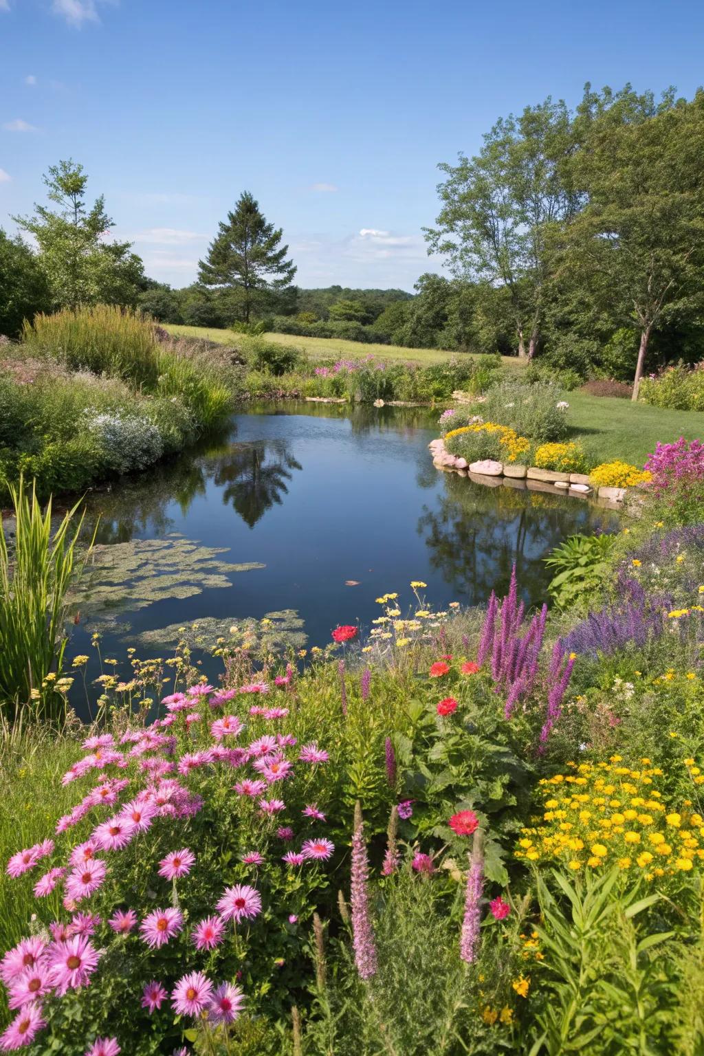 A serene water feature framed by beautiful wildflowers.