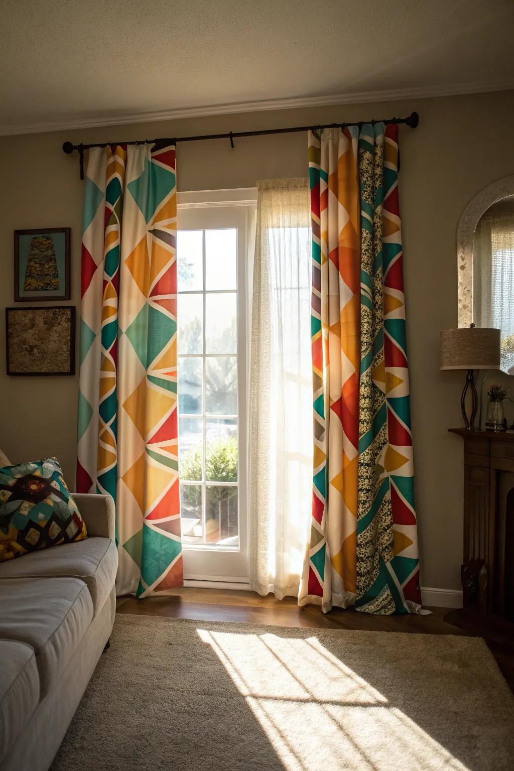 Custom printed curtains personalize this lounge through abstract art.