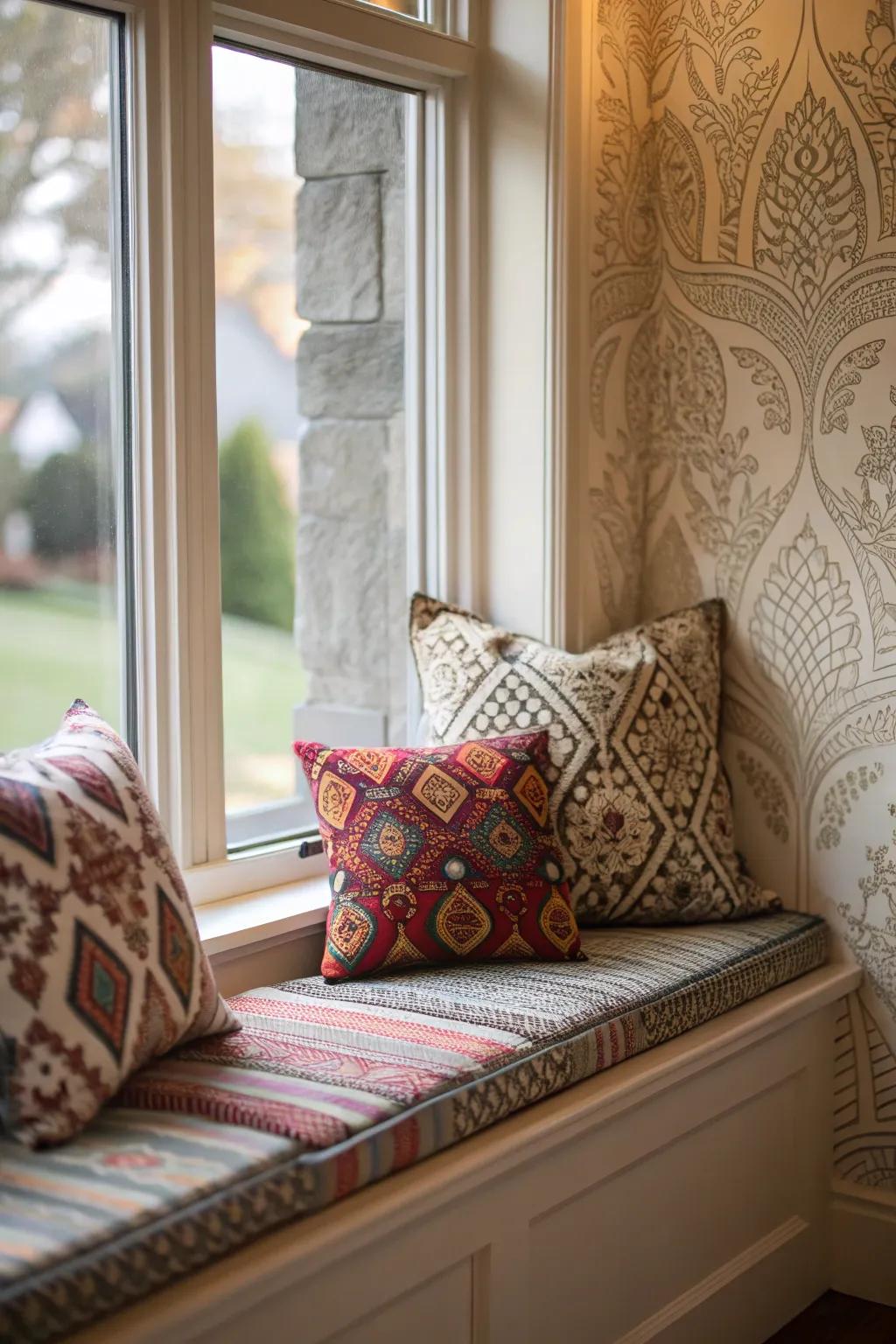 A window nook featuring vibrant patterns for added character.