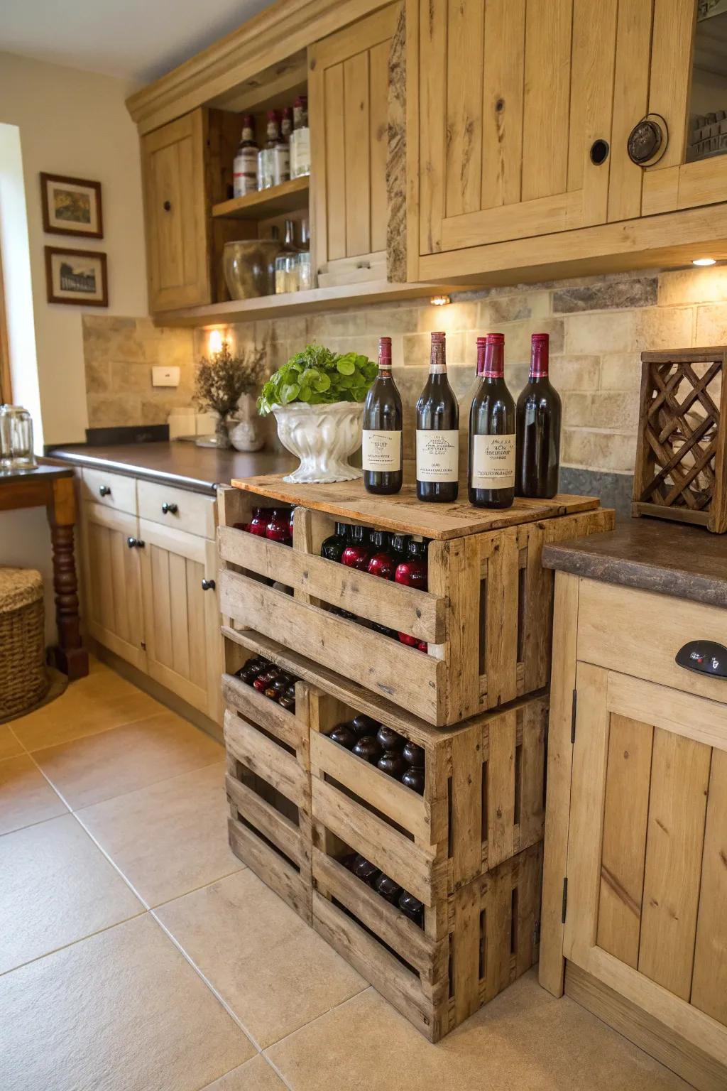 Rustic crates add farmhouse charm to wine storage.