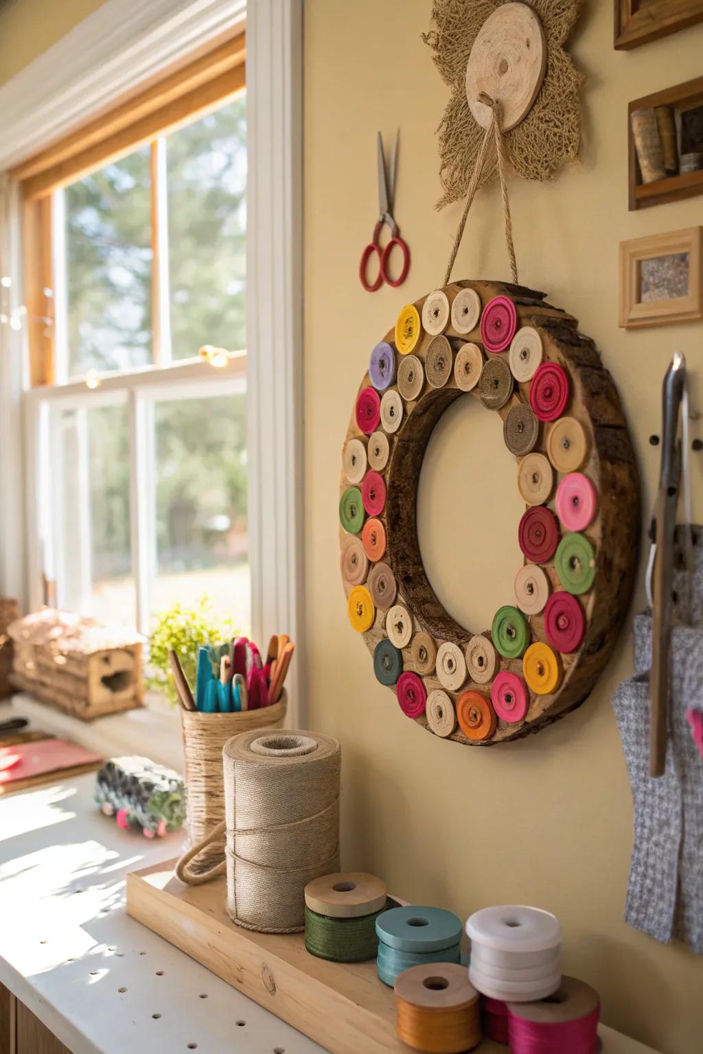 Wood slice wreath with button accents for a playful touch.