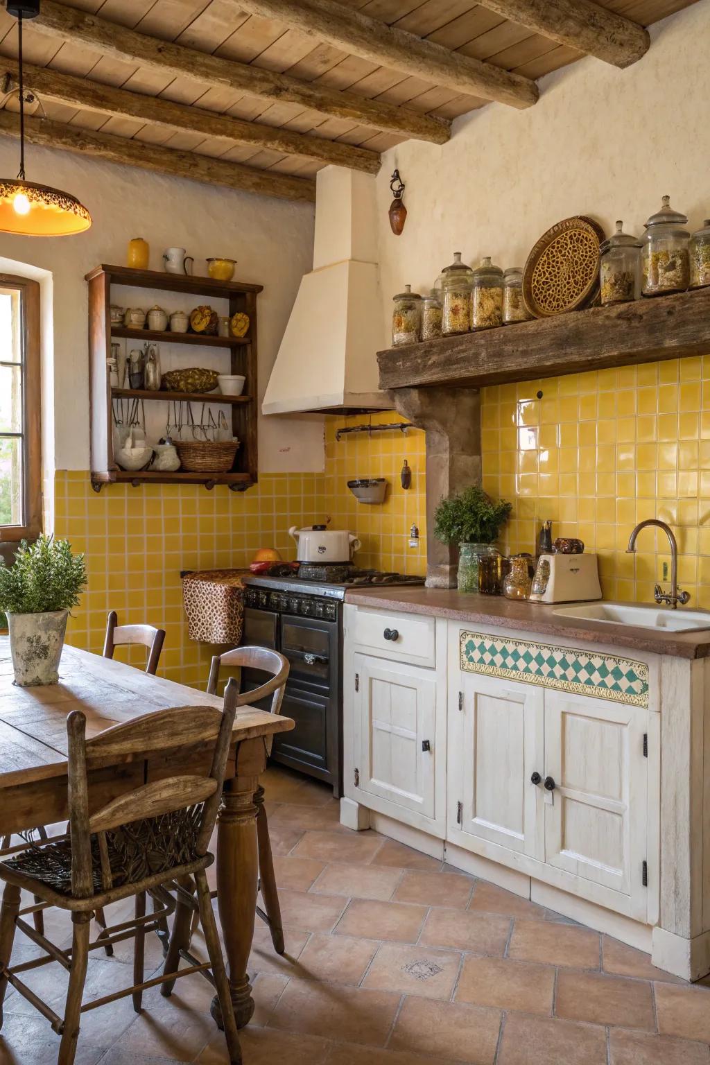 Textured yellow tiles add rustic charm to the kitchen.