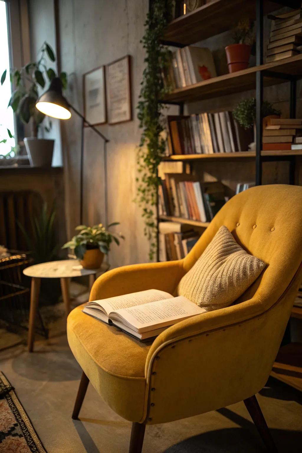 A cozy reading nook with a vintage yellow chair.