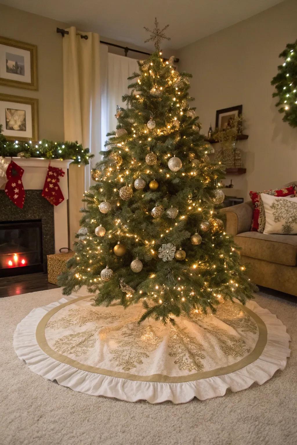 A glamorous tree skirt completes the festive look.