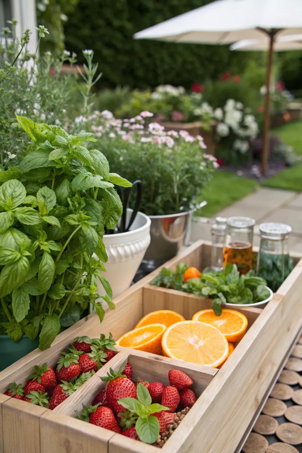 Guests enjoy crafting drinks at a DIY garden cocktail station.