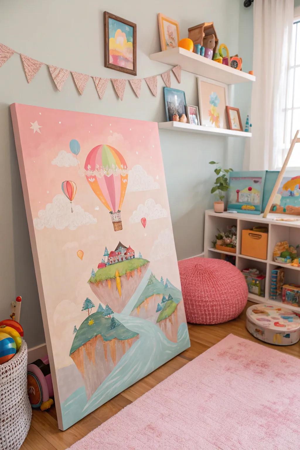 Floating islands painting adding whimsy to the playroom