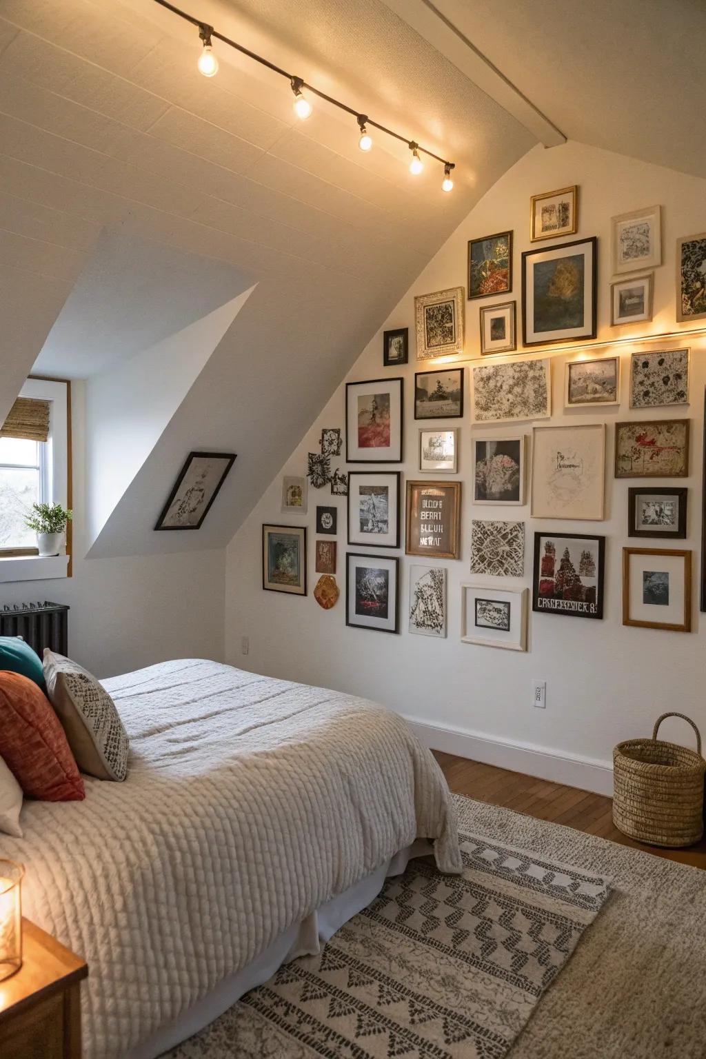 A feature wall contributes personality and interest to your attic bedroom.