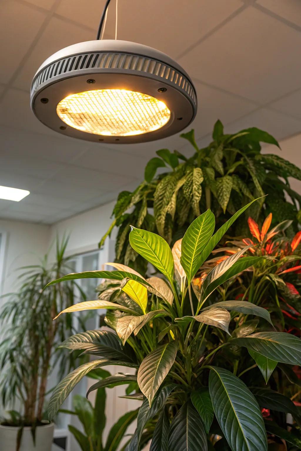 Mounted ceiling grow lights adding drama to an indoor plant arrangement.