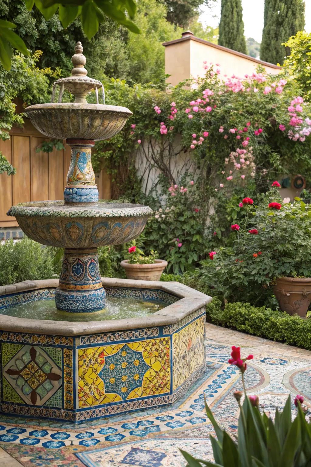 A mosaic tile fountain brings color and artistry to your outdoor space.