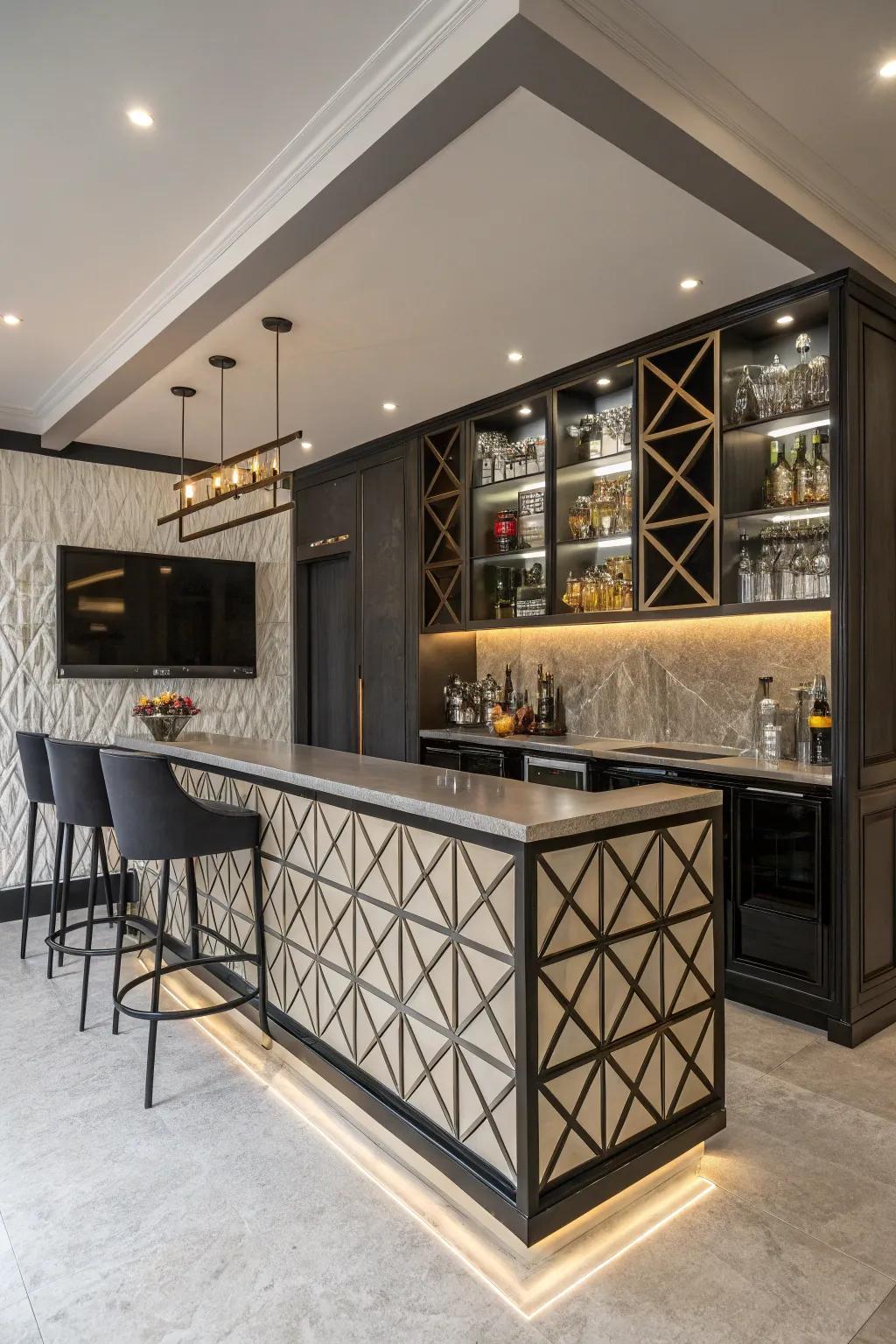 Geometric patterns add a modern twist to your bar space.