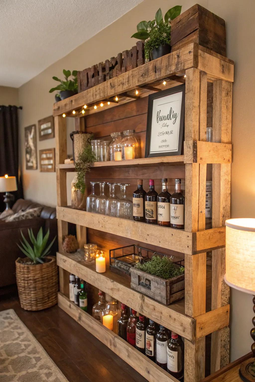 Pallet shelves bring rustic charm to your bar.