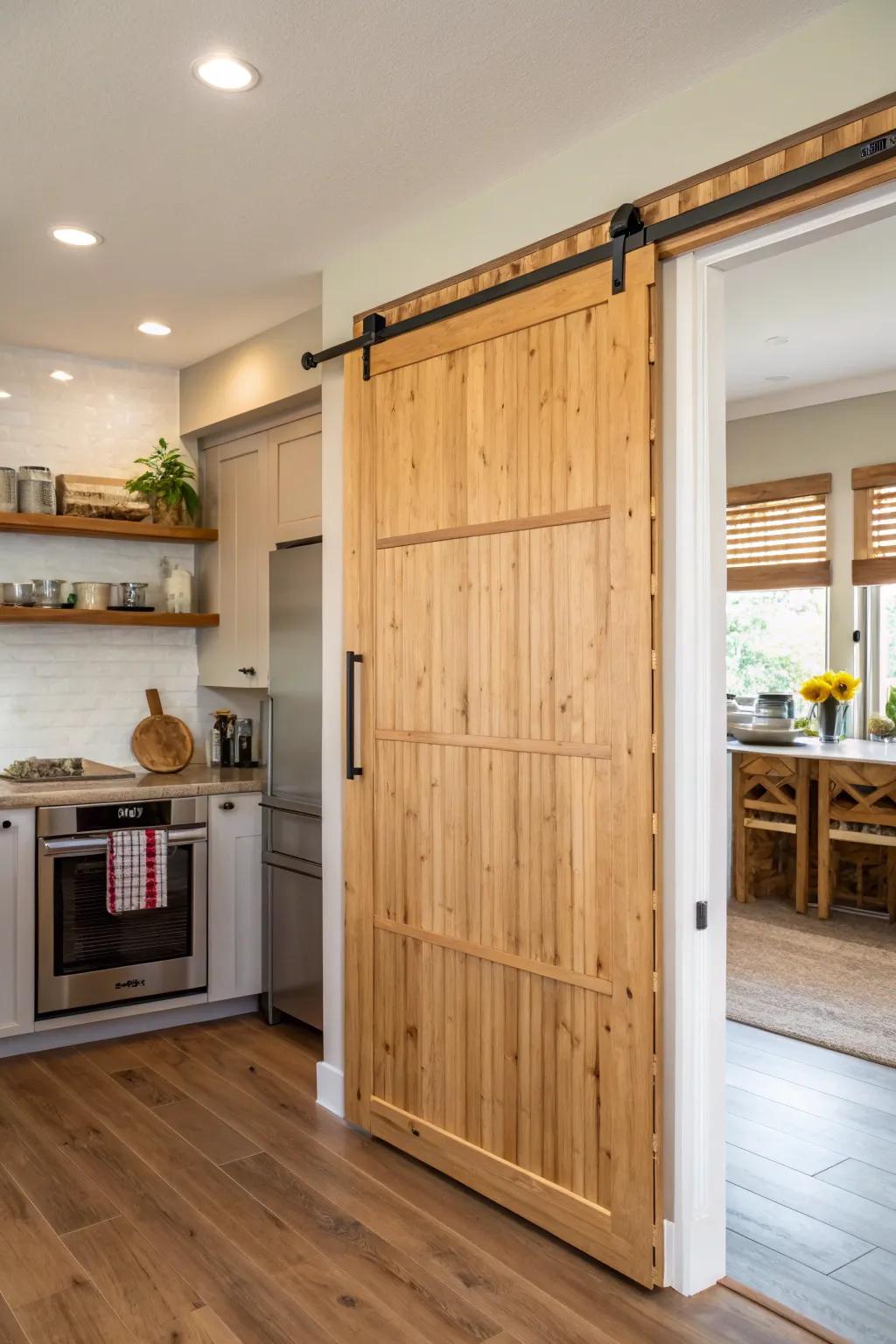 A kitchen with a sliding barn door pantry made of bamboo.