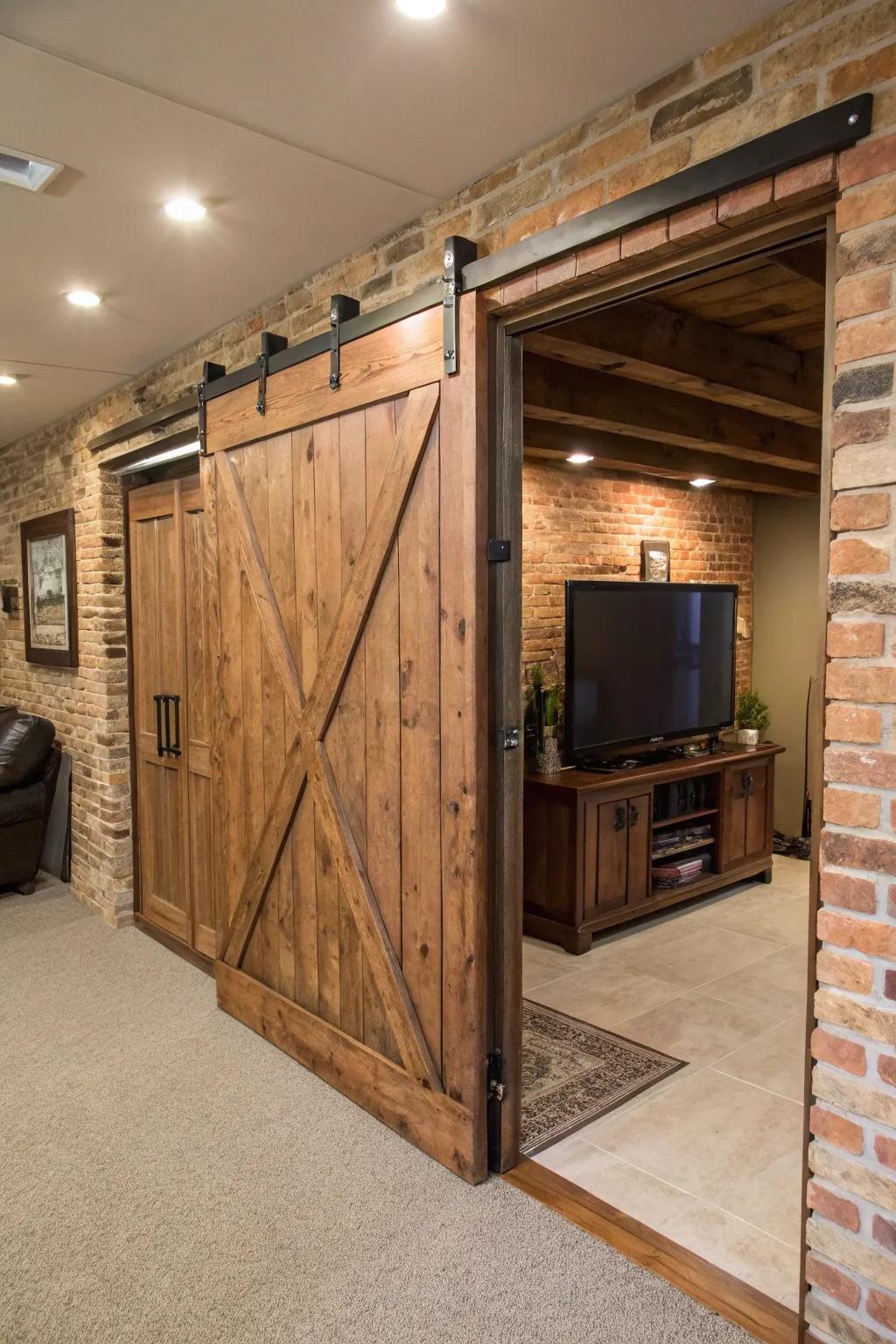 A basement TV wall featuring a sliding barn door that adds rustic charm and functionality.