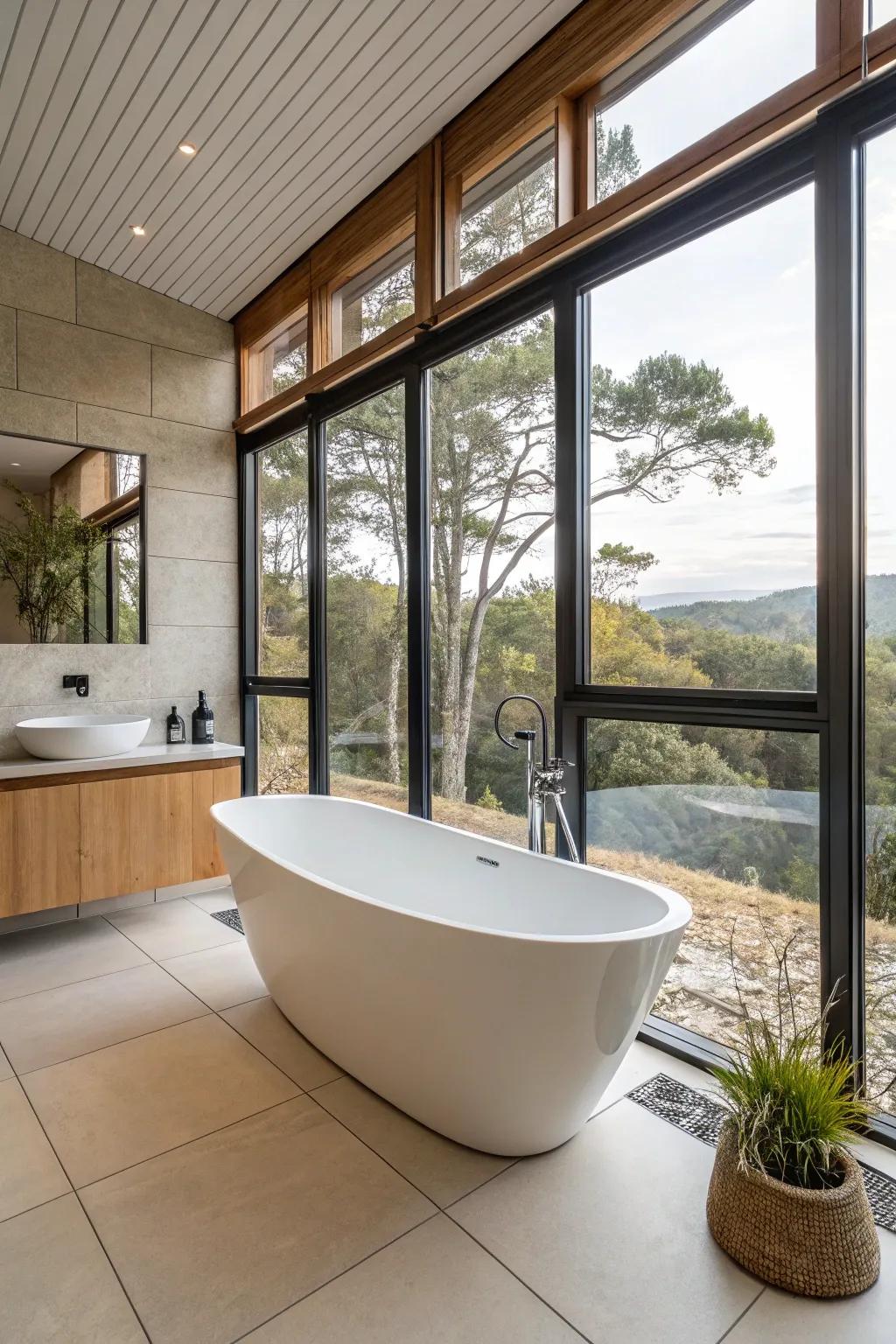 A uniquely shaped bathtub makes a bold statement in this bathroom.