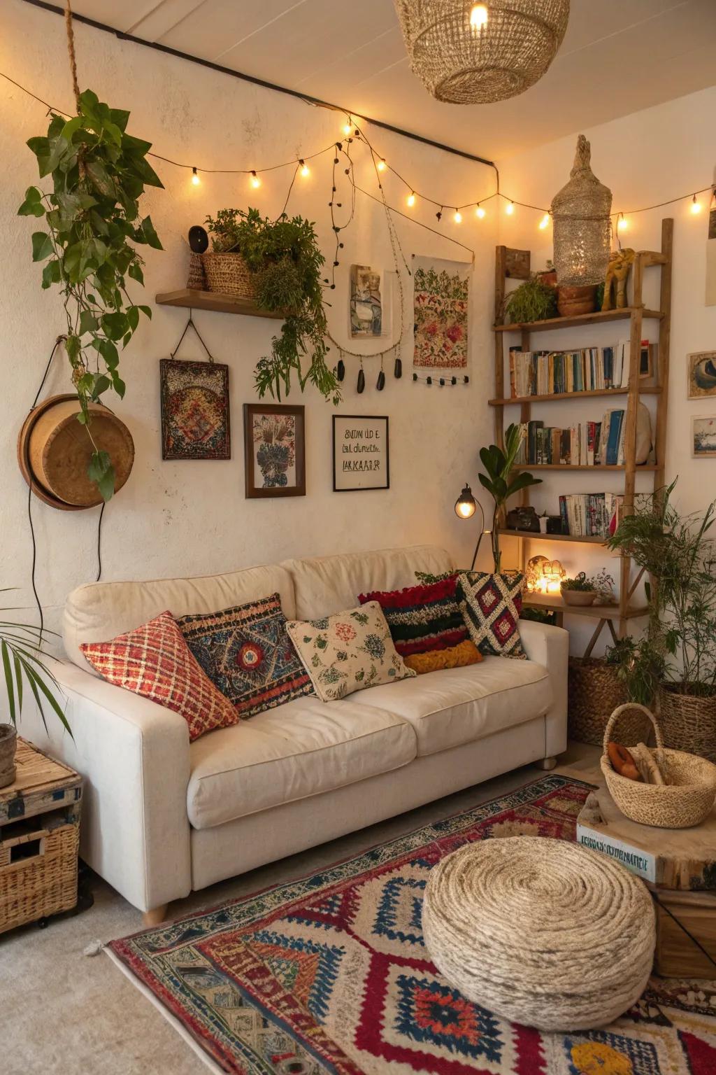 A bohemian living room with a beige couch and an array of vibrant patterns.