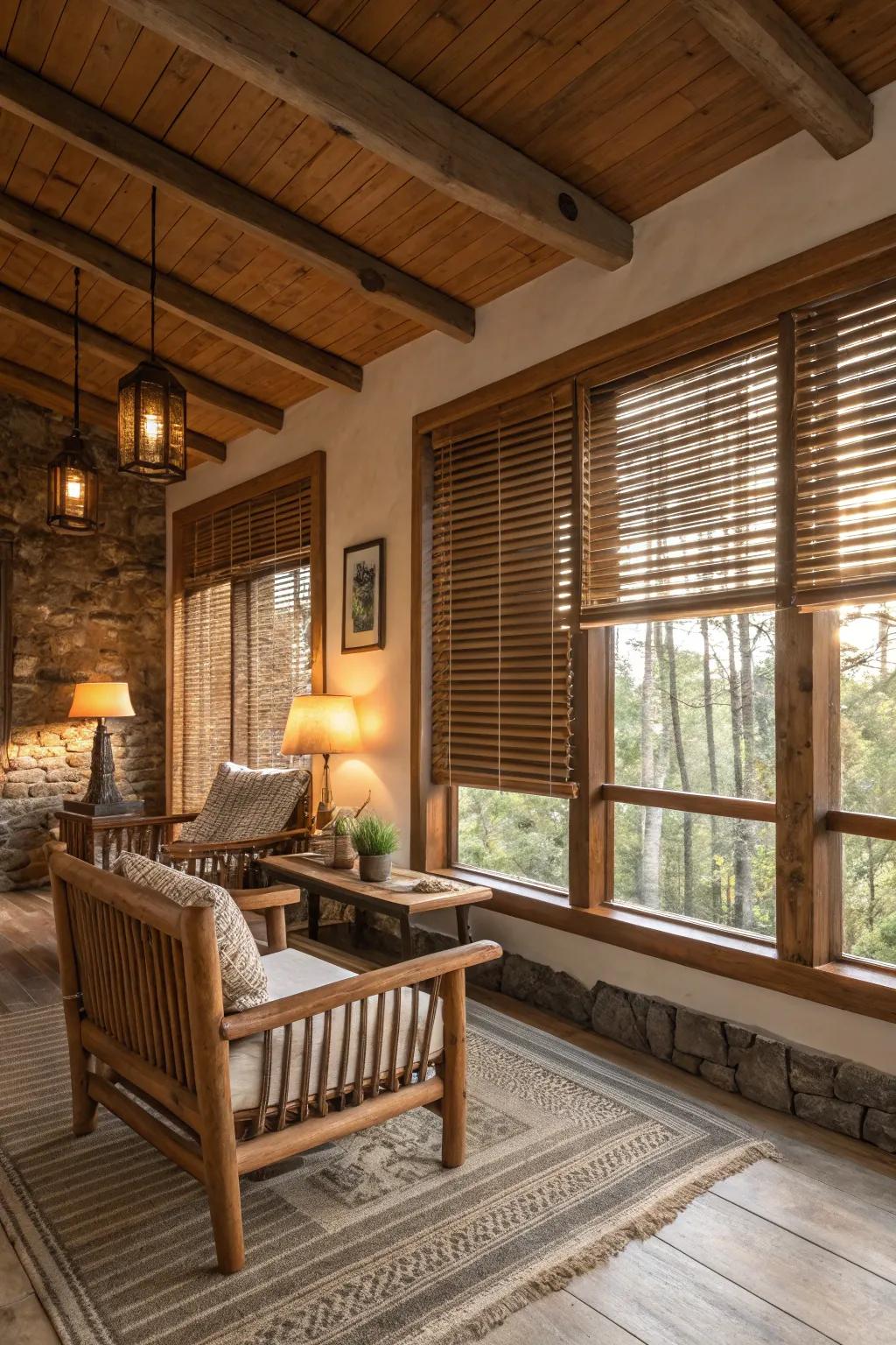 Wooden blinds that enhance rustic and cozy interiors.