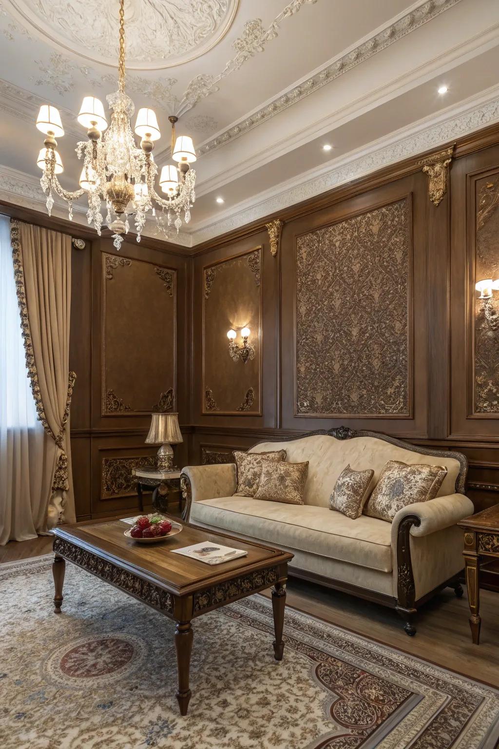 Timeless elegance achieved with classic brown walls.
