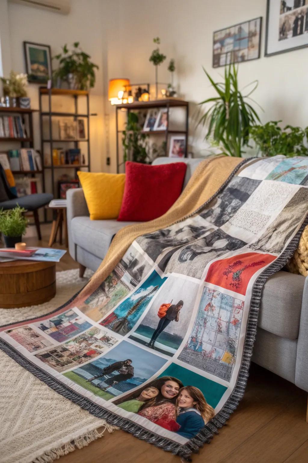 A mixed media masterpiece blanket, reflecting a creative spirit.