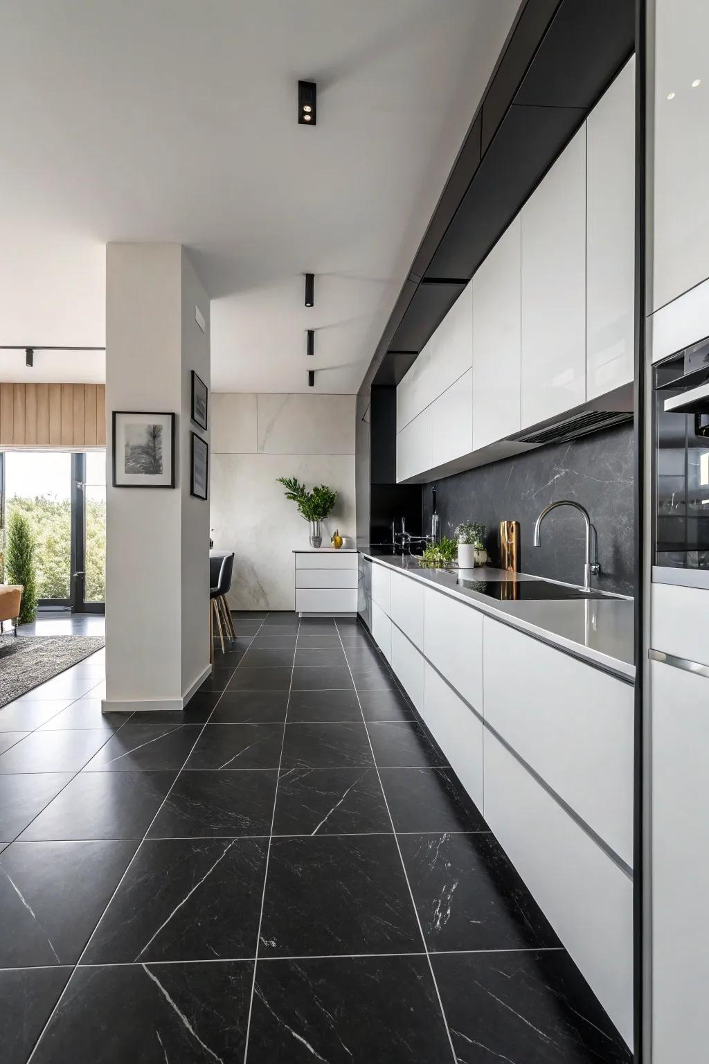 A monochrome kitchen where black floors create a cohesive design.