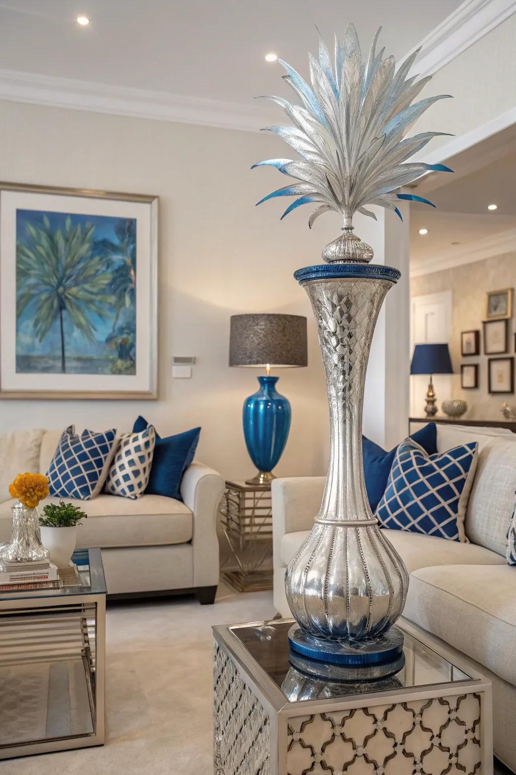 Silver and blue art serves as a striking focal point in this elegant living room.