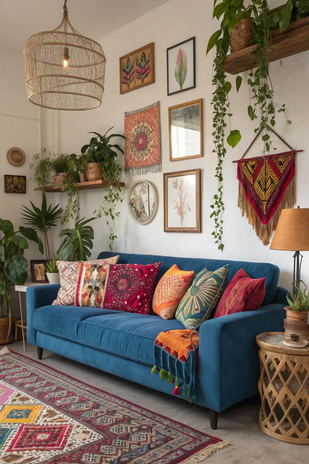 Bohemian elements create a relaxed vibe around a blue sofa.