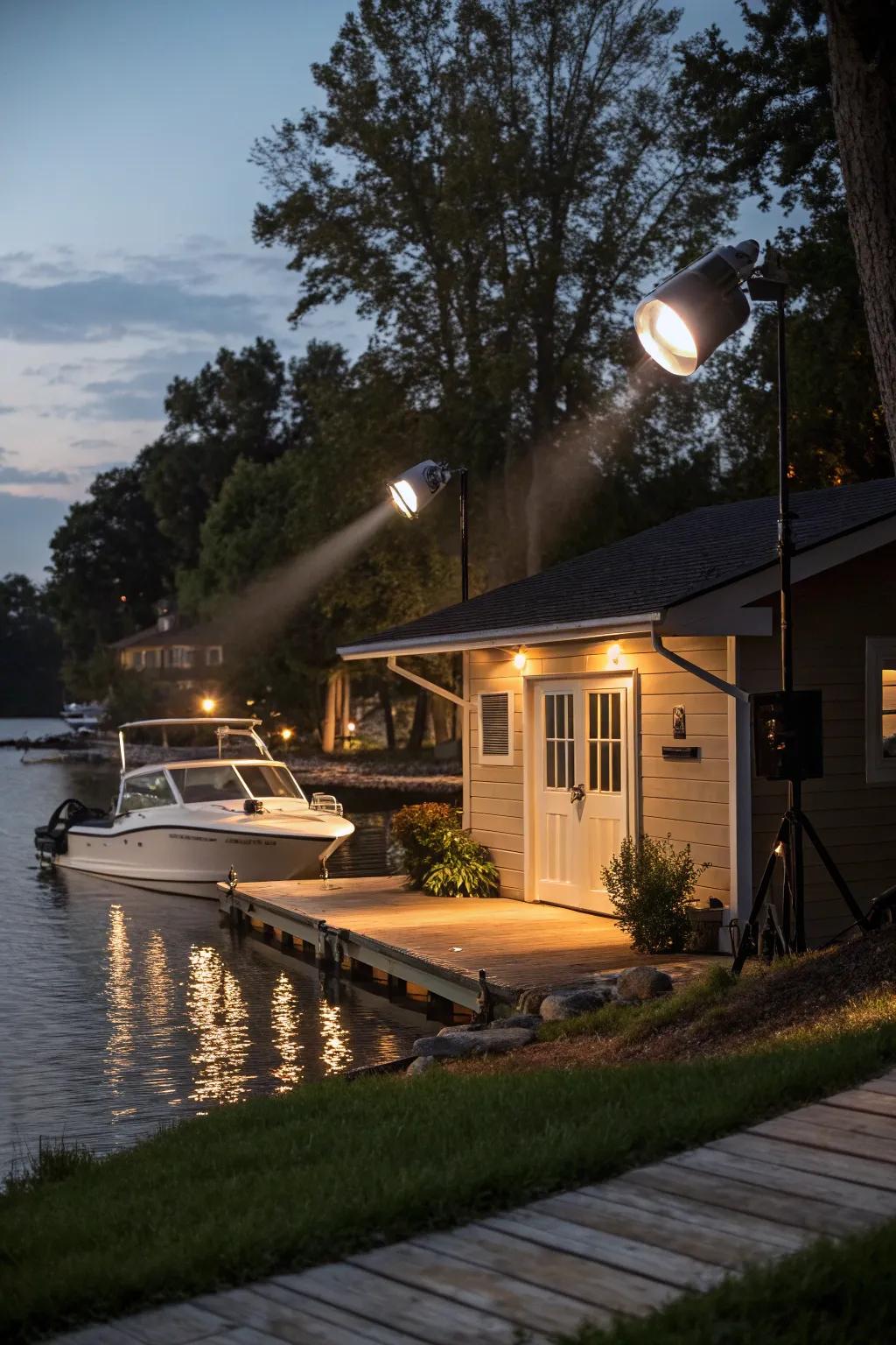 Adjustable spotlights provide flexible and focused lighting for the boat house.