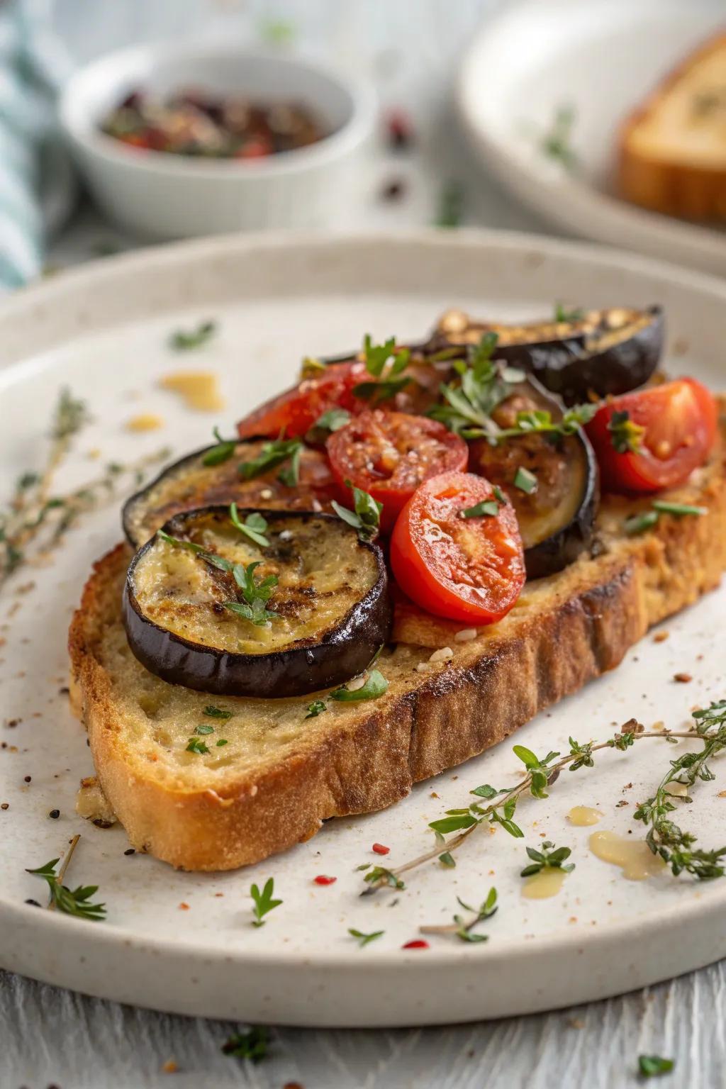 Mediterranean-inspired toast with eggplant and tomato is delicious.