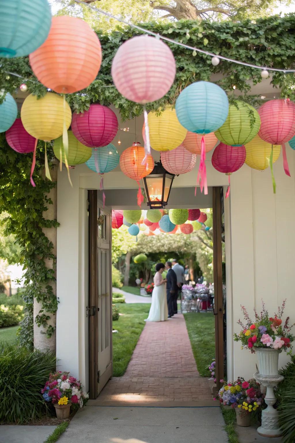 Celebratory paper lanterns add a splash of color and joy to the bridal shower entrance.