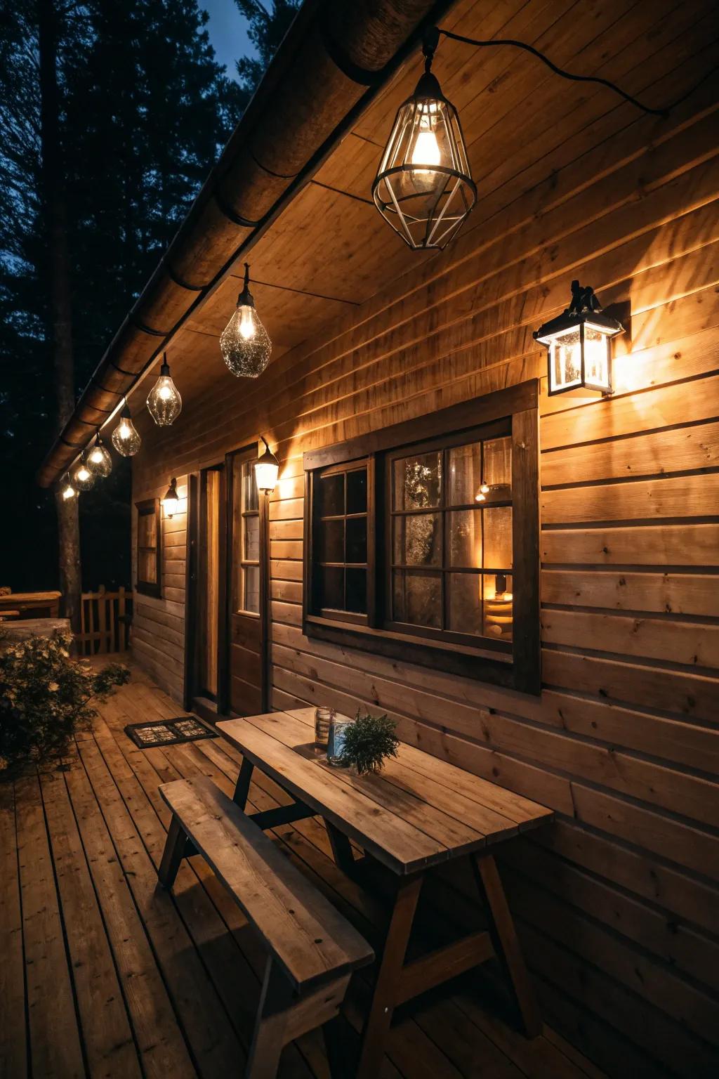 Pendant lights creating a play of light and shadows in the cabin.