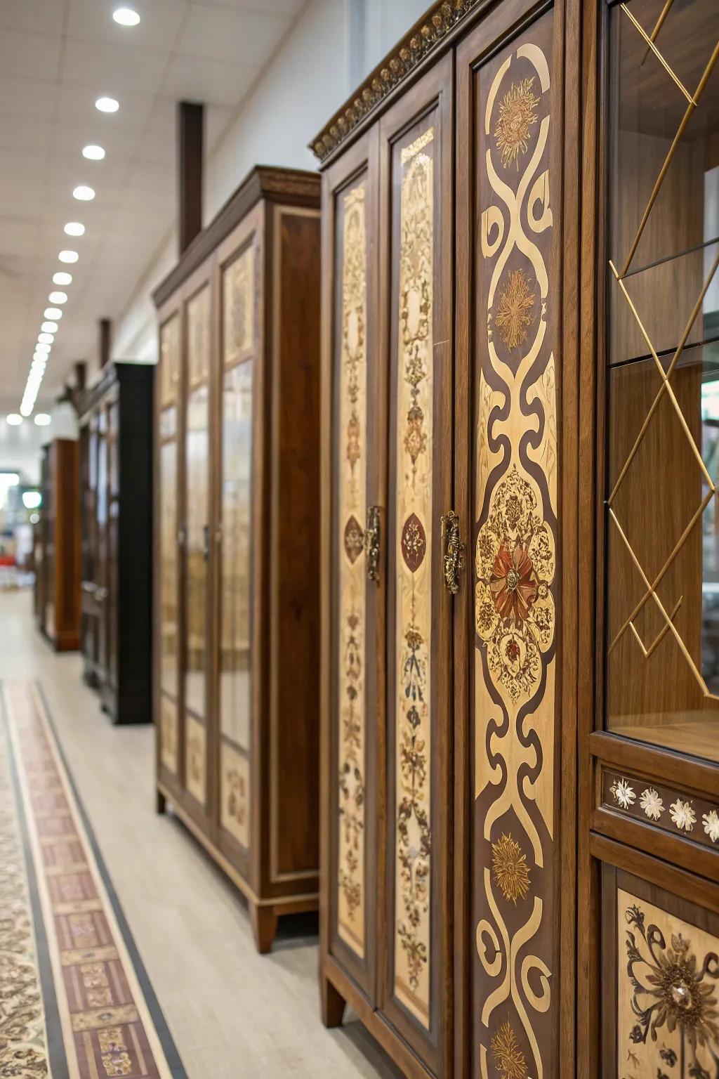 Marquetry inlays offer an artistic and luxurious cabinet touch.