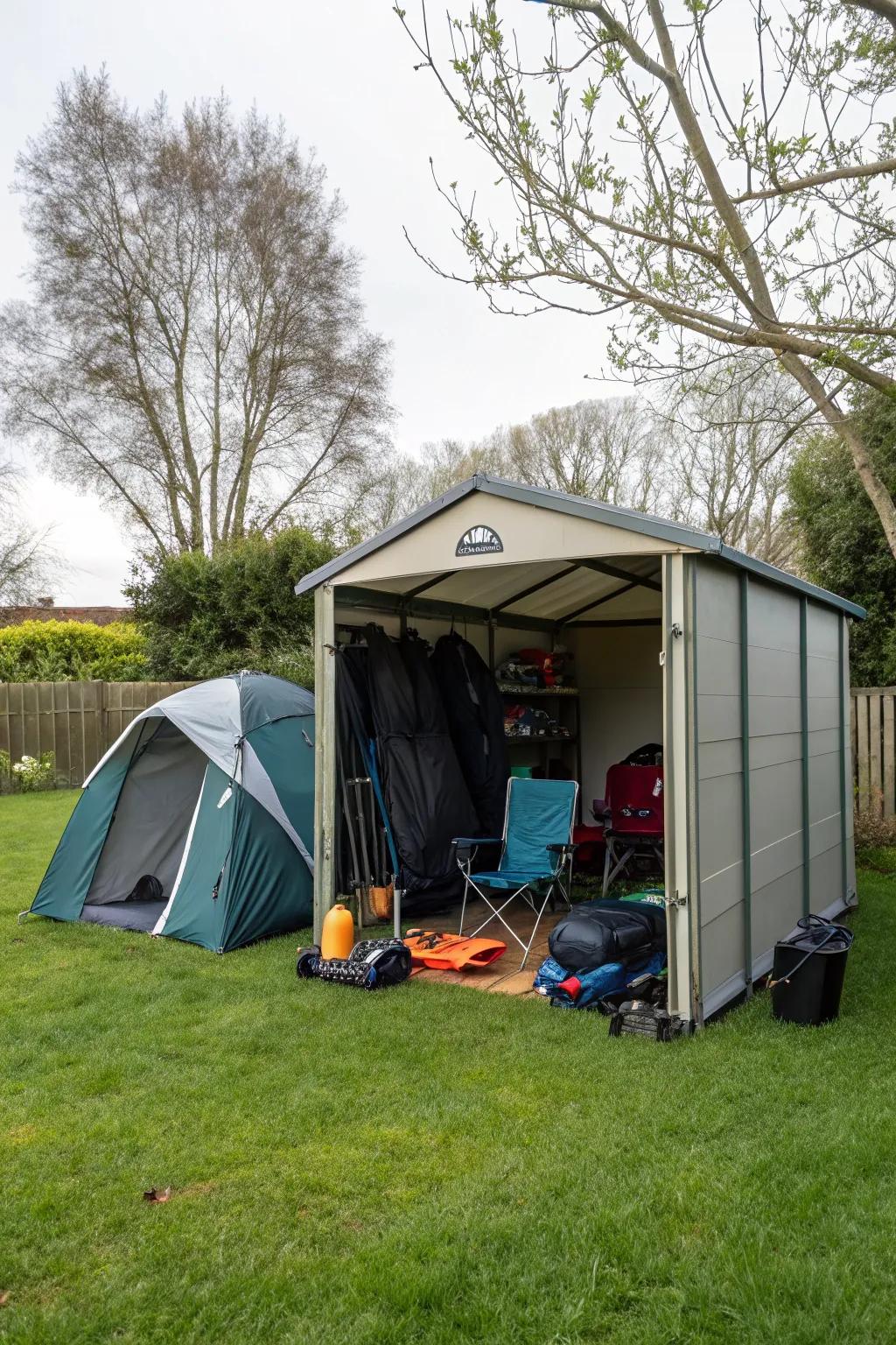 A weatherproof shed provides a secure outdoor storage option for camping gear.