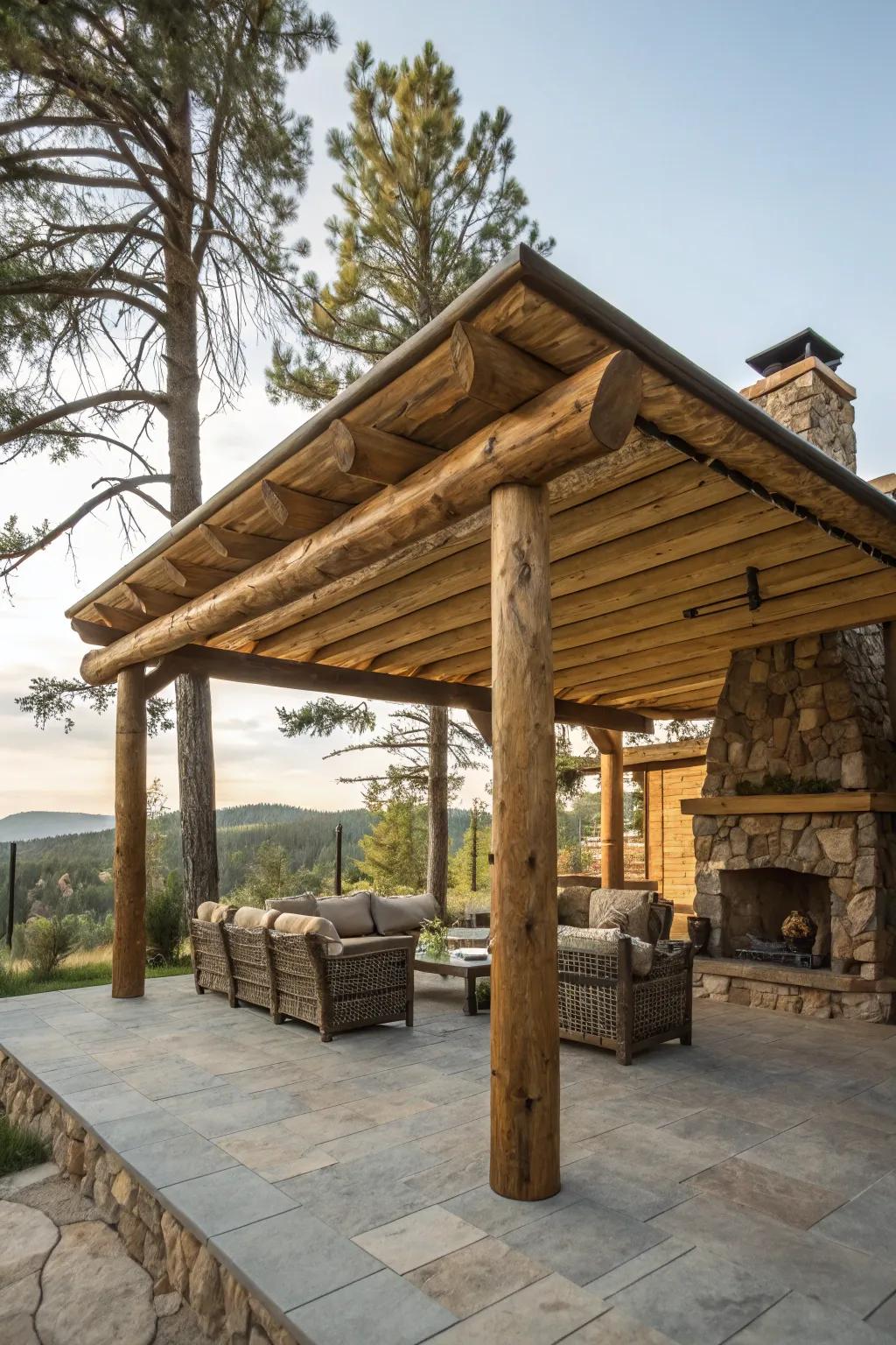 Log cabin style brings rustic charm to patio covers.