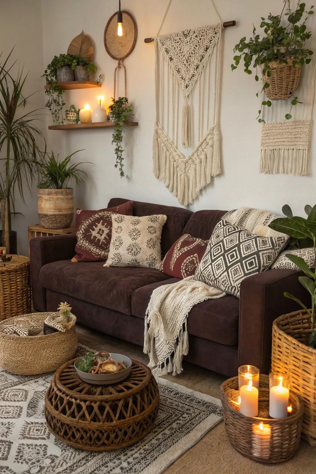 Boho vibes and rich textures create a whimsical atmosphere around a chocolate couch.